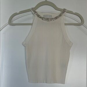 Elegant White Ribbed Sleeveless Top with Embellished Neckline size XS